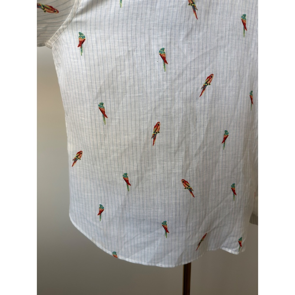Chicos No Iron Linen Shirt Womens 2 (L) White Blue Pinstripe Parrot Embroidery - Picture 10 of 14